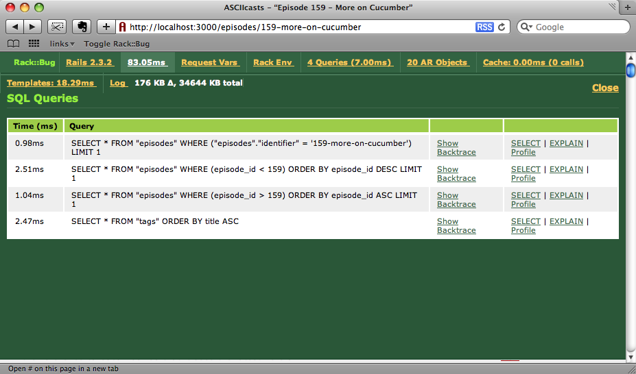 Rack::Bug’s toolbar showing the database calls made by a request.