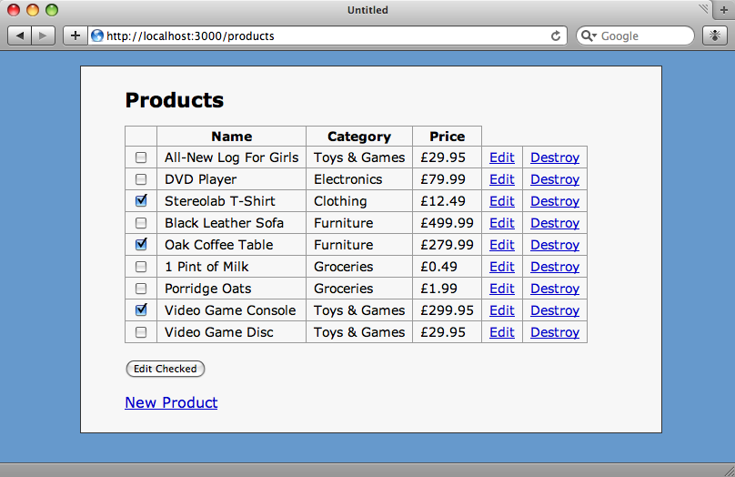 The index page with checkboxes for each product.