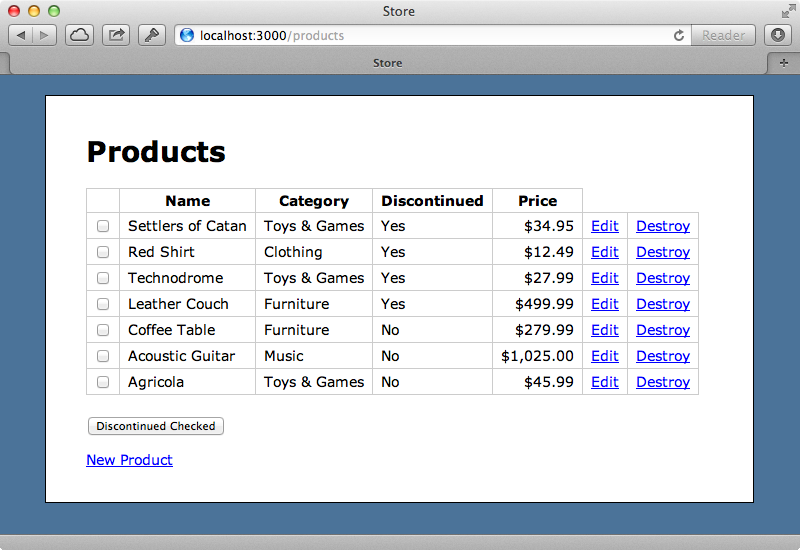 Each product now has a checkbox that we can use to mark it as discontinued.