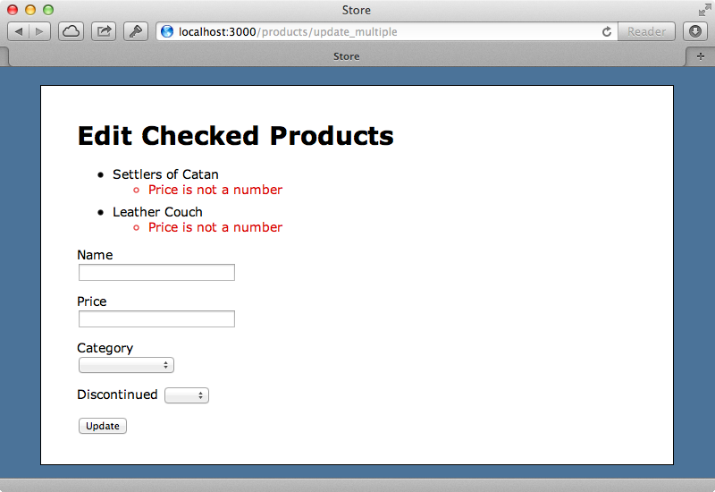 Error messages are shown for each invalid product.