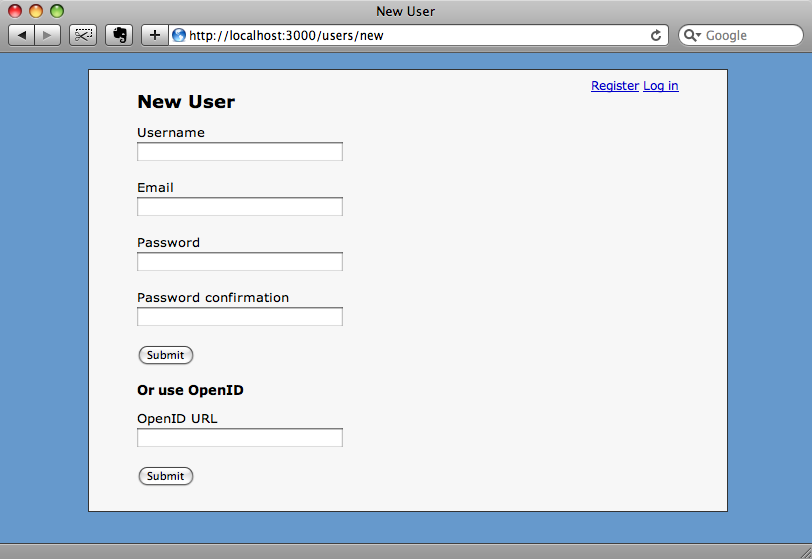The registration form with the OpenID field added.