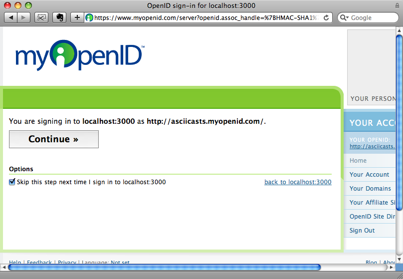 Authenticating at our OpenID provider’s site.