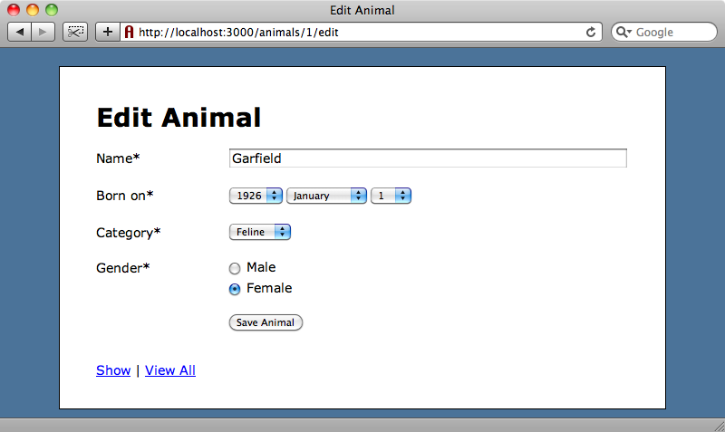 Bir hayvan için düzenleme sayfası.