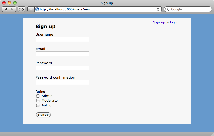 The signup page showing the roles checkboxes.