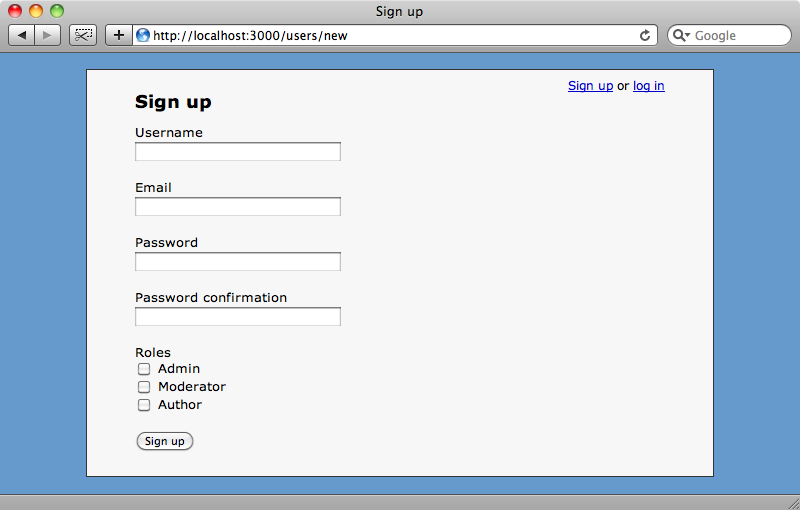 La pagina di registrazione che mostra i checkbox dei ruoli.