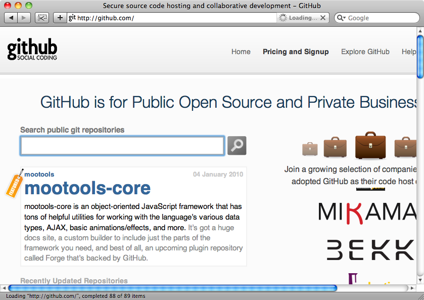 The Github home page.