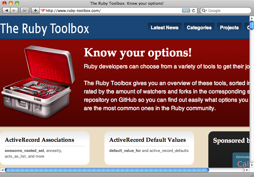 La home page di The Ruby Toolbox.