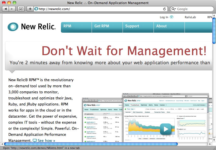 La home page di New Relic.