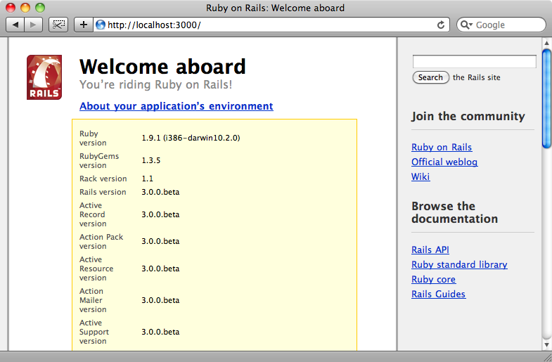 La pagina di benvenuto della nostra prima applicazione Rails 3.0.