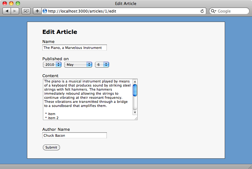 The edit page for an article with the date dropdowns.