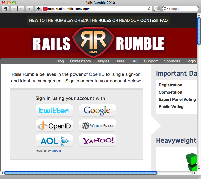 La page de connexion Rails Rumble.