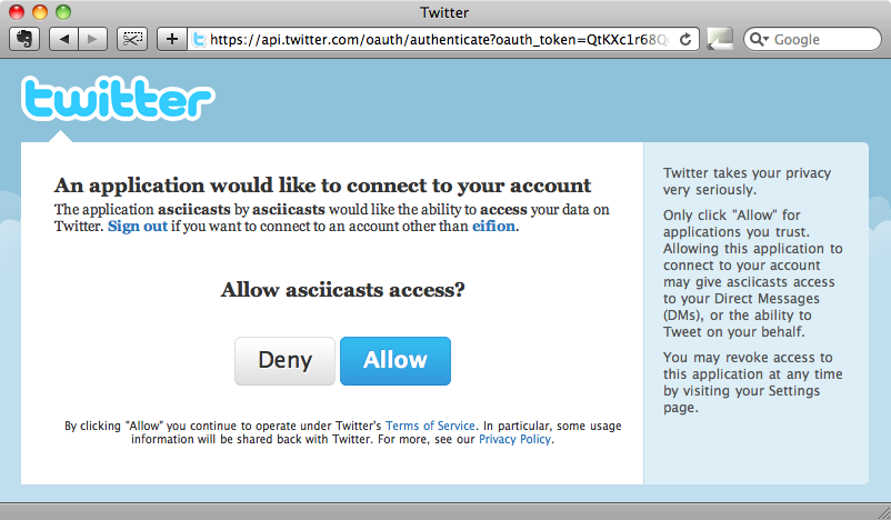 The Twitter page asking us to allow the asciicasts application to authenticate.