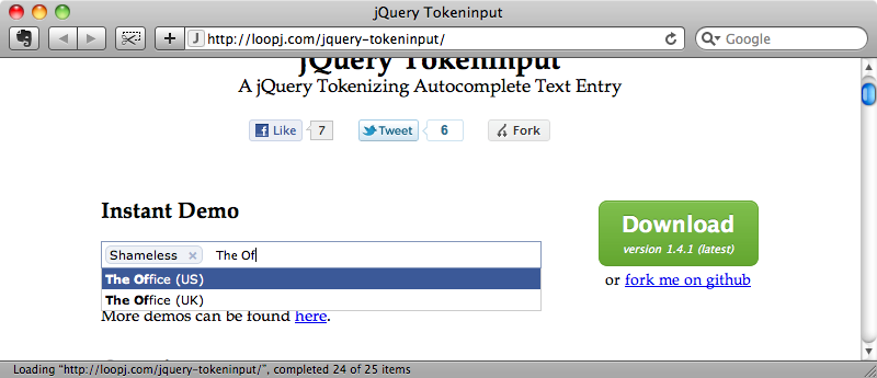 jQuery Tokeninputサイトのデモ画面