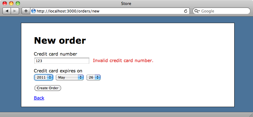 Página de validación de tarjeta de crédito.