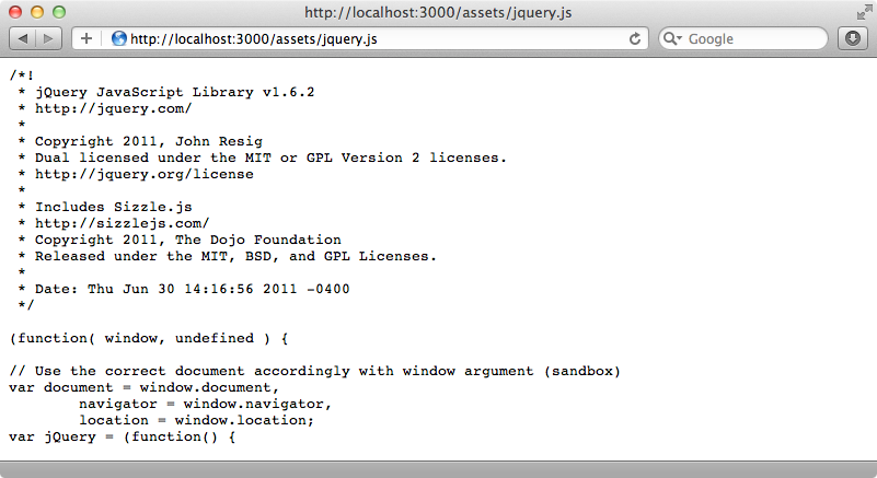 El fichero jquery.js file está accesible en la URL /assets.