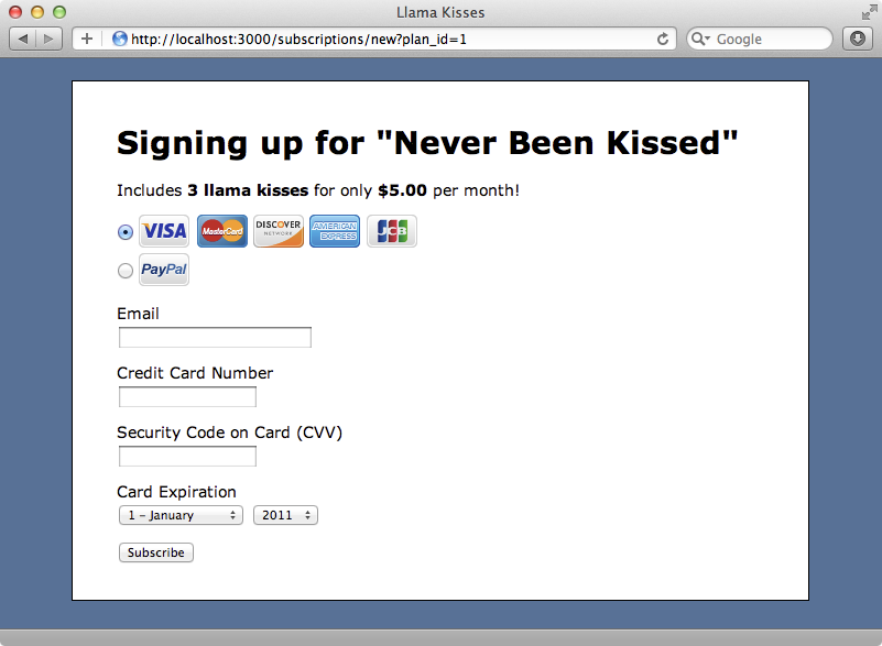 The signup form now has PayPal and credit card radio buttons.