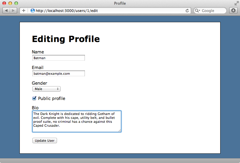 La página de edición del perfil de un usuario.