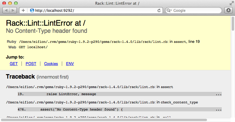 Our Rack app, showing an error.