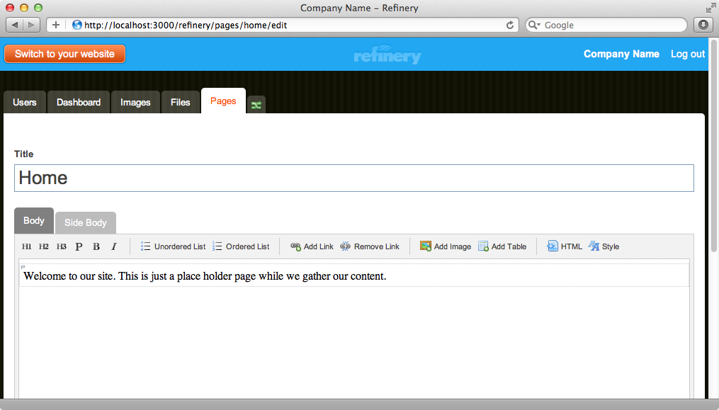 Refinery viene con un editor de texto enriquecido que permite añadir contenido a una página.