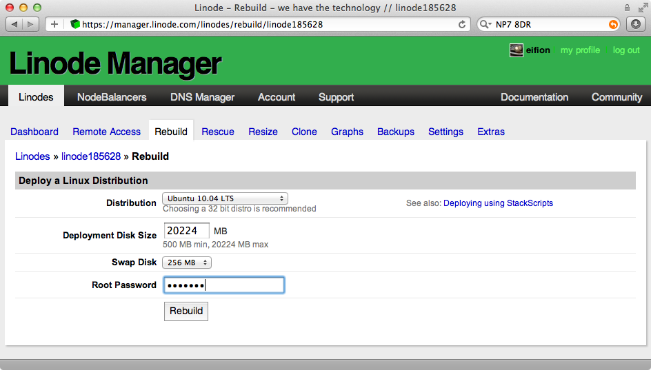 Selecting the OS and setting a password for our VPS on the Linode dashboard.