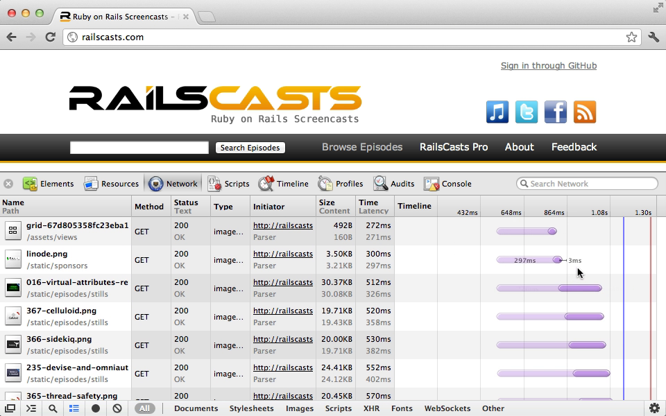 The network tool showing how long the page takes to load with caching turned off.