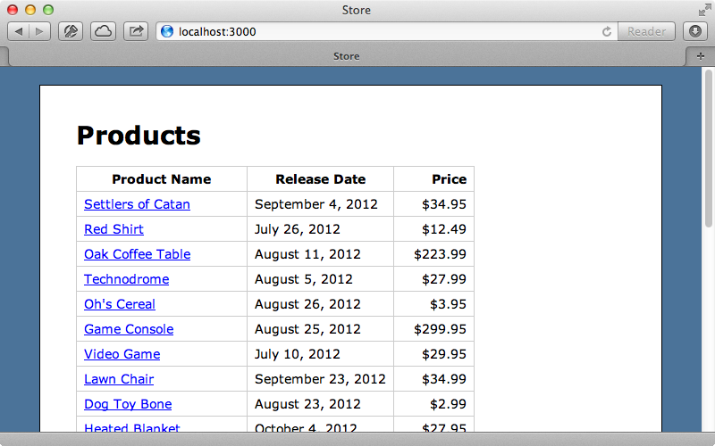 Our Rails application displaying a list of products.