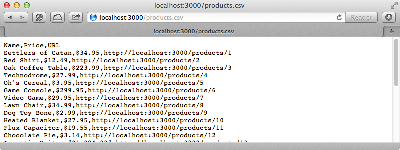The products rendered as CSV.
