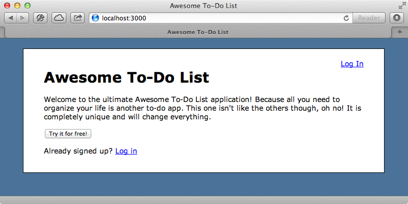 The home page of our to-do list application.